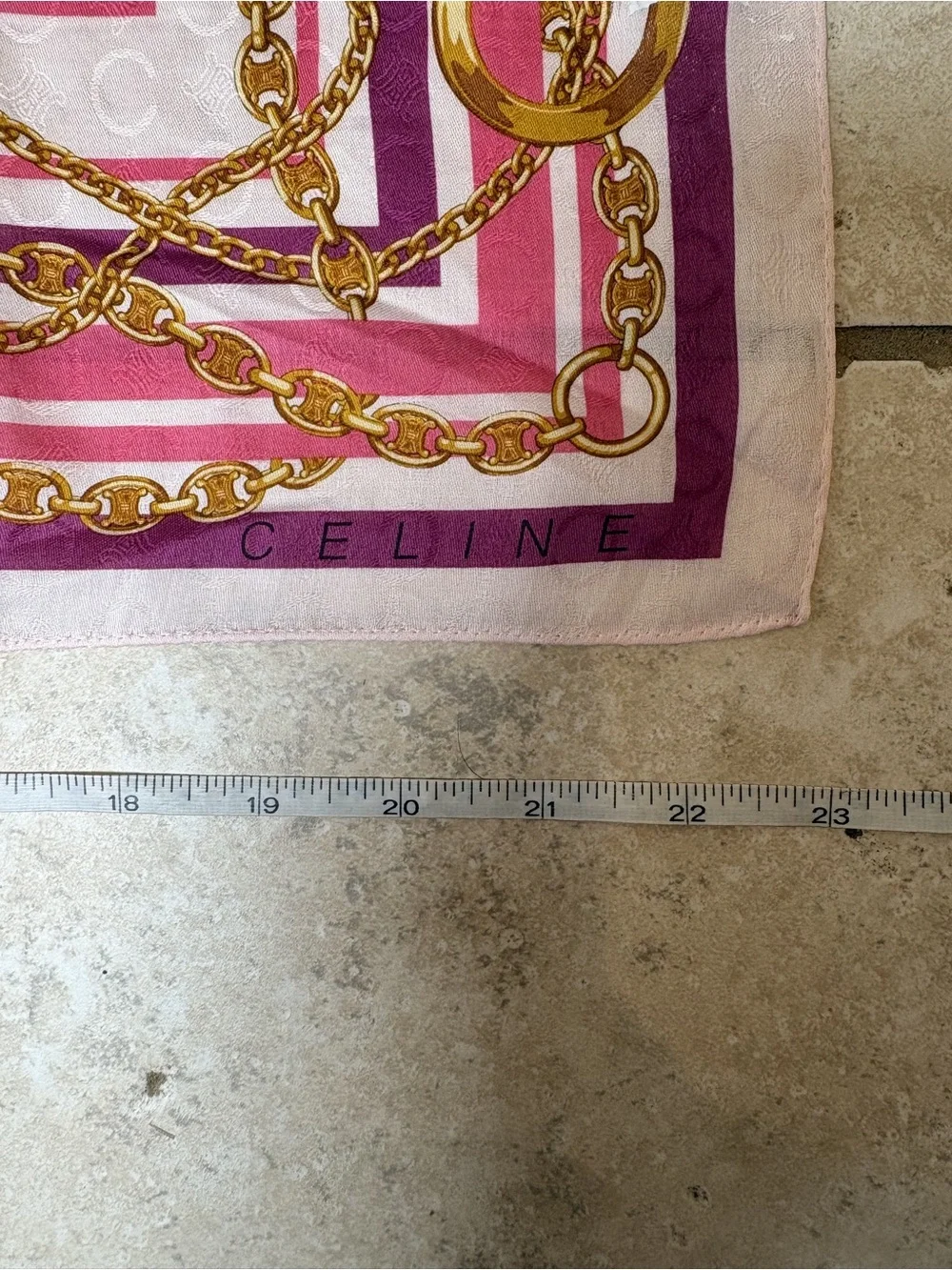 Celine White Silk Scarf with Pink, Purple & Gold Chain Print